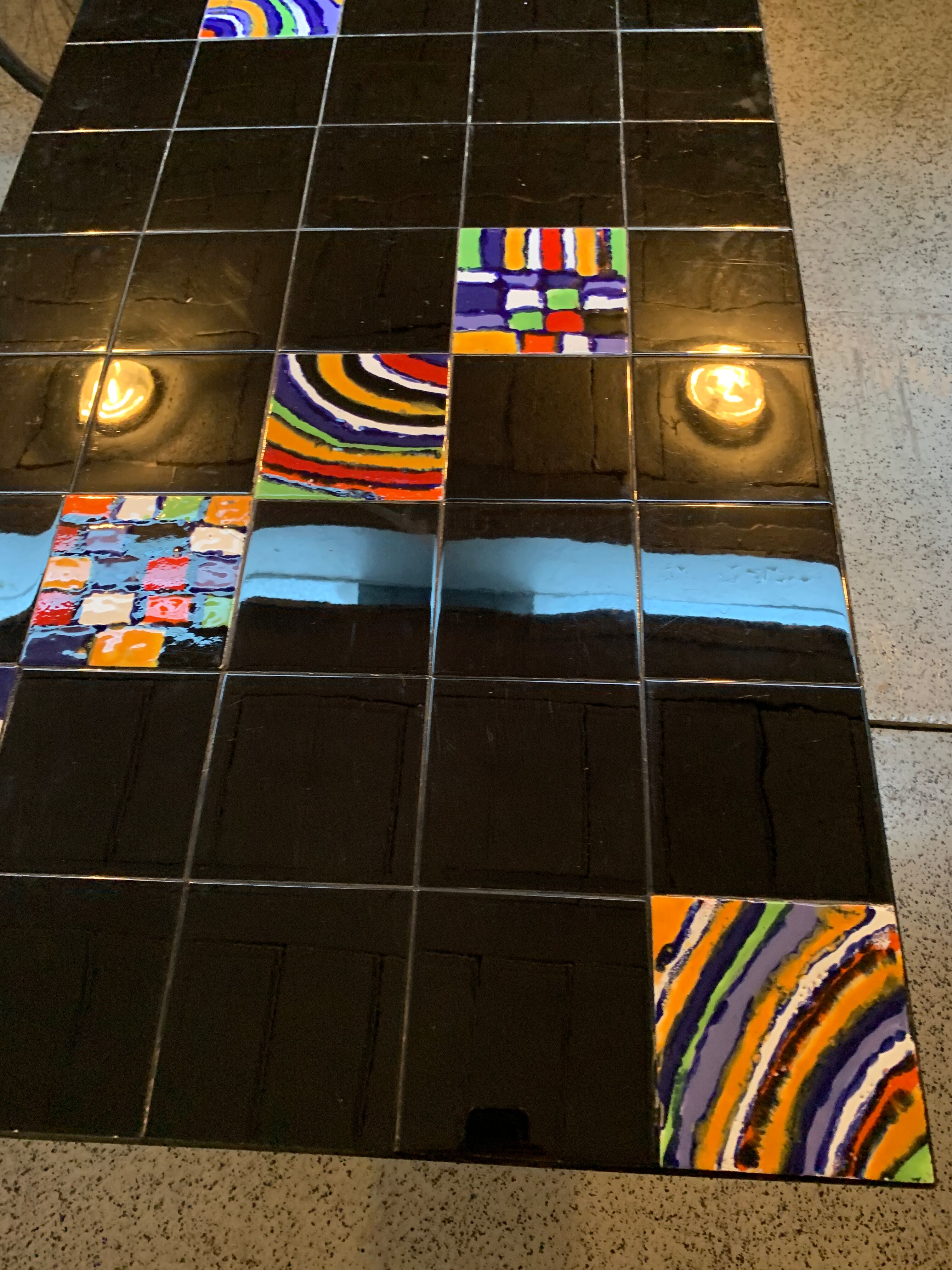Dining table with metal base in X and painted ceramic tile cladding, 50s.