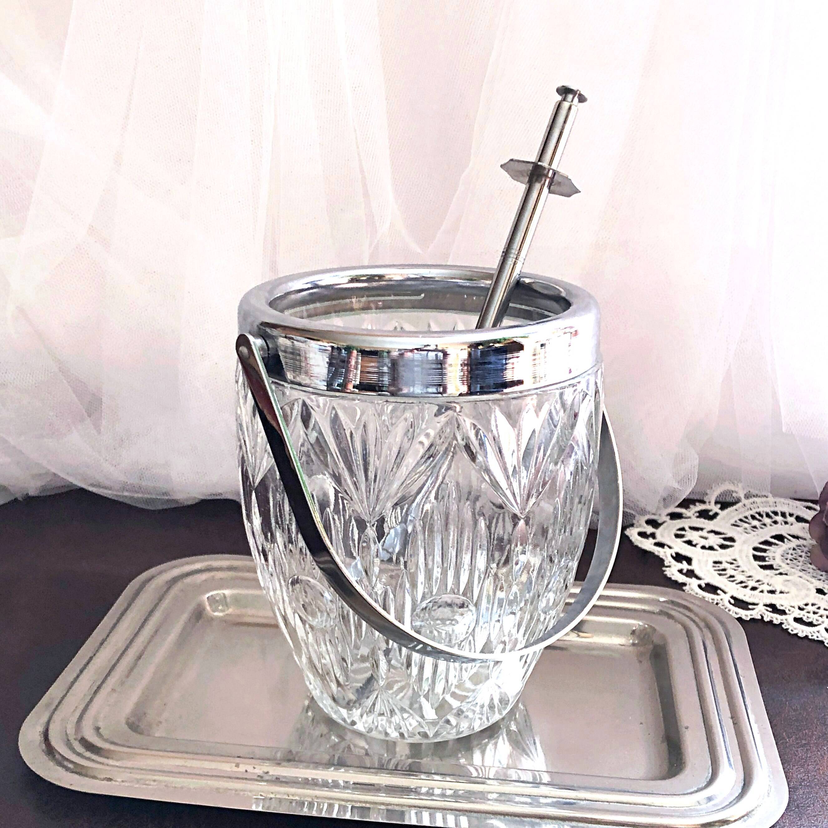 Seau à glace verre cristallin texturé avec pince à glaçons