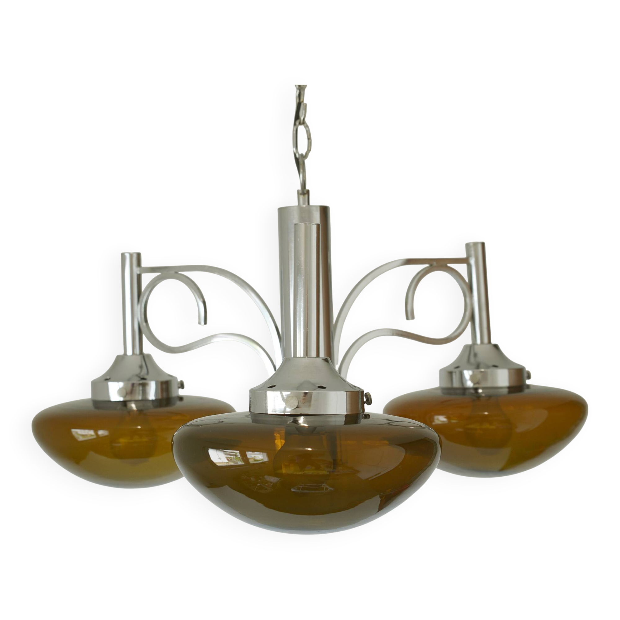 Lustre vintage en chrome, lampe suspendue en verre ambré moderne du milieu du siècle