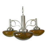 Lustre vintage en chrome, lampe suspendue en verre ambré moderne du milieu du siècle