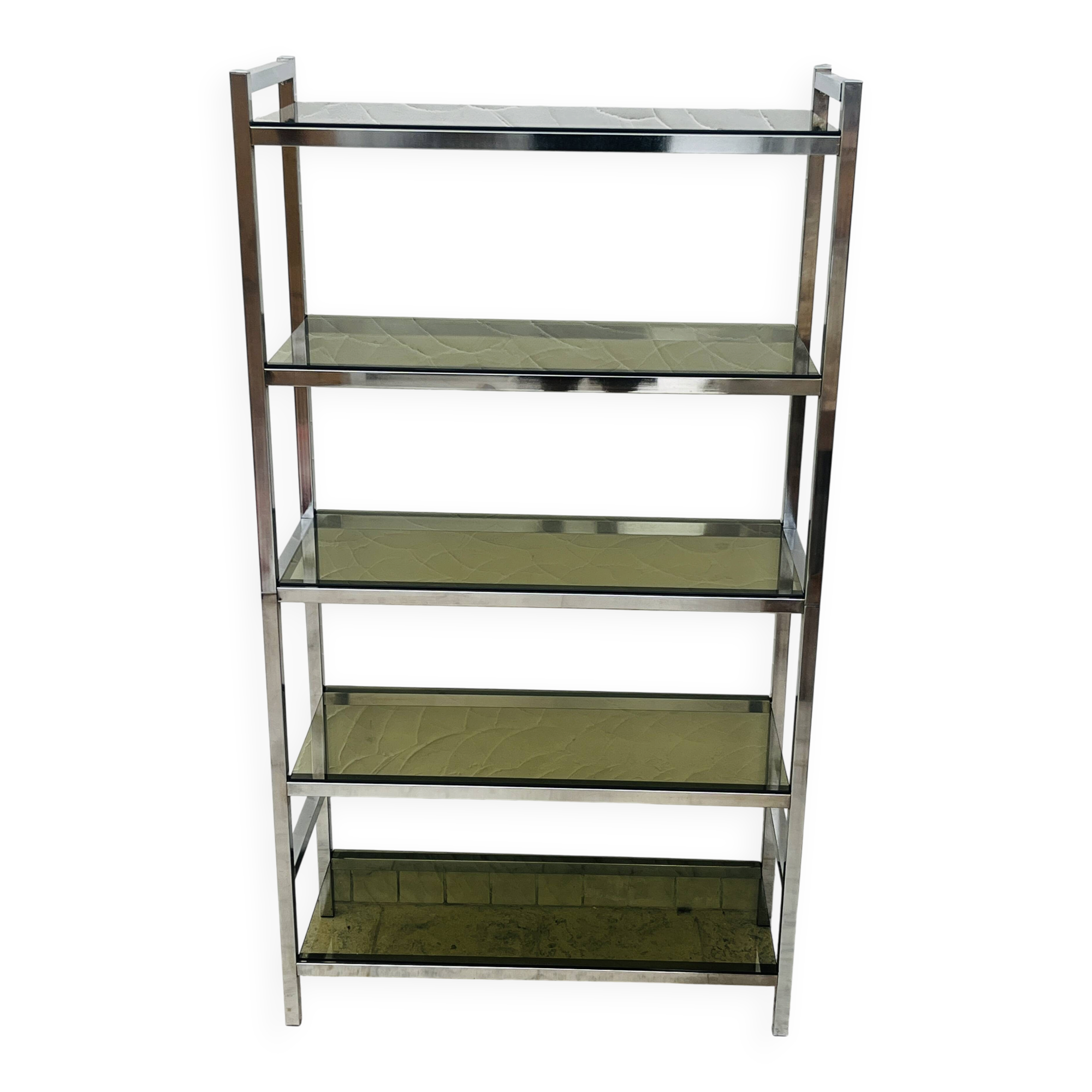 Vintage Italian design shelf in chrome and smoked glass from the 1970s.