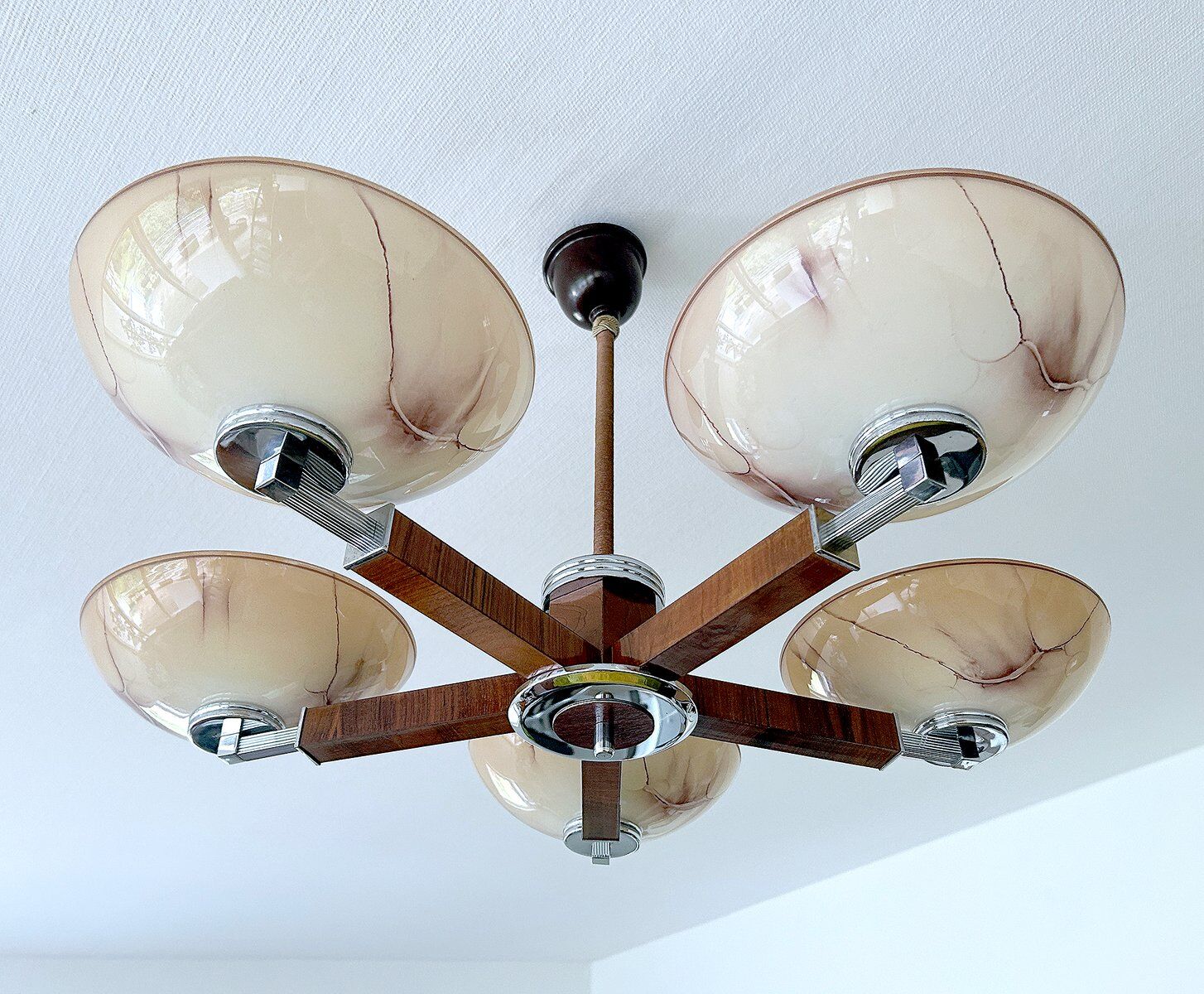 Large Art Deco pendant light in wood and glass, 1930s
