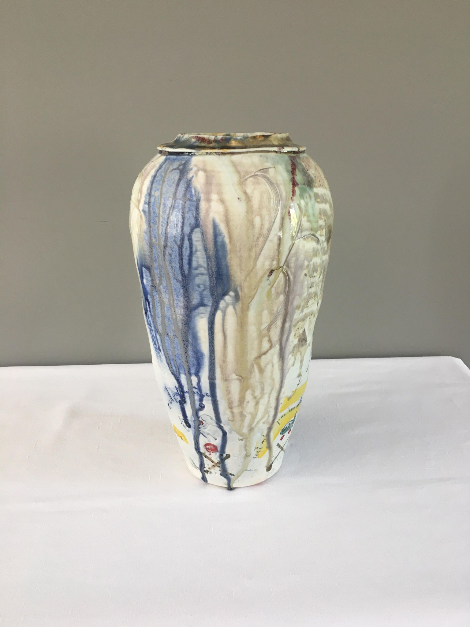 Thierry Basile vase in enamelled sandstone with abstract decoration
