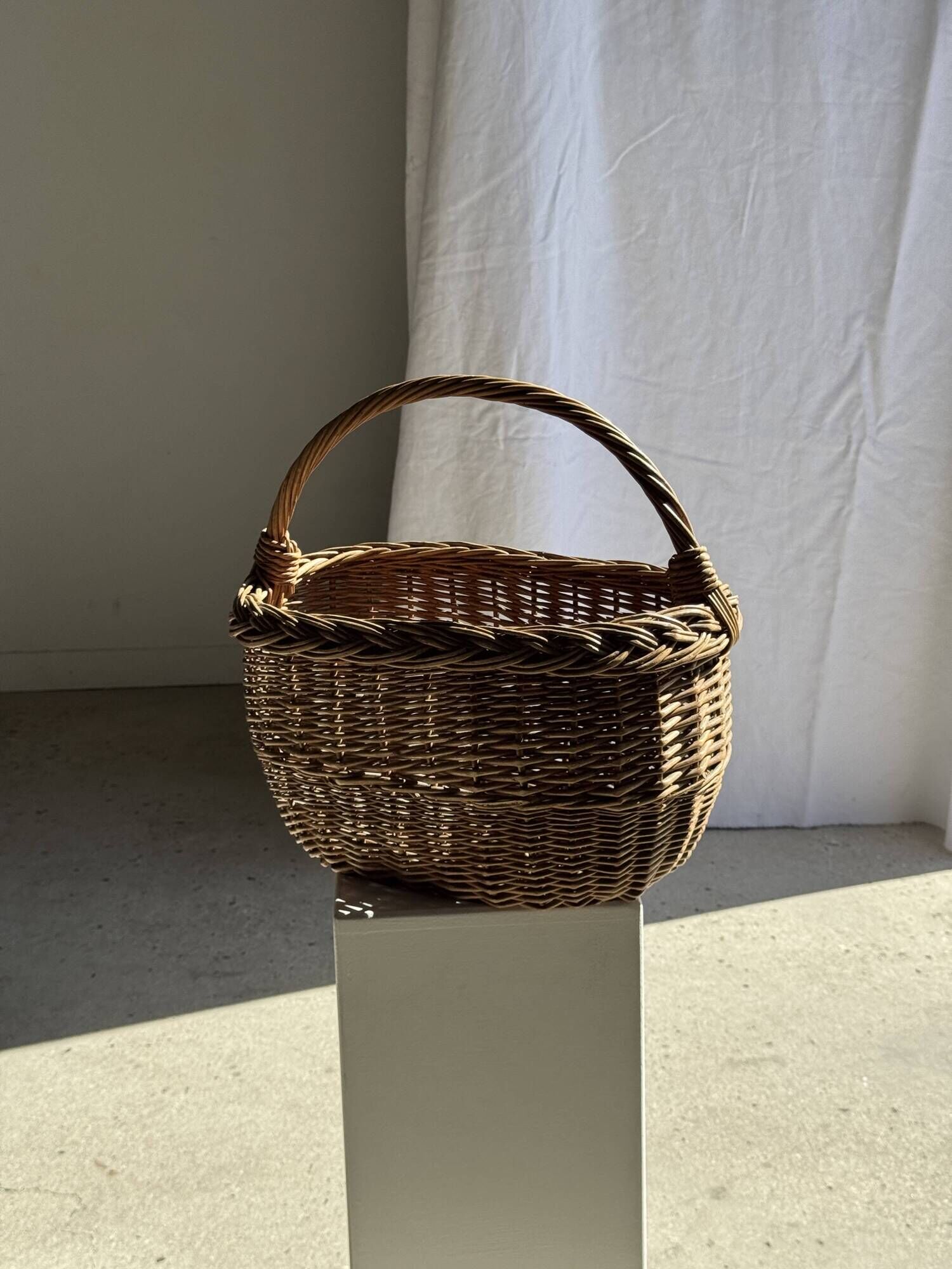 Large antique woven wicker basket with handle H45 L43 D25