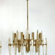 Sciolari, pair of Italian brass and glass chandeliers from 70s