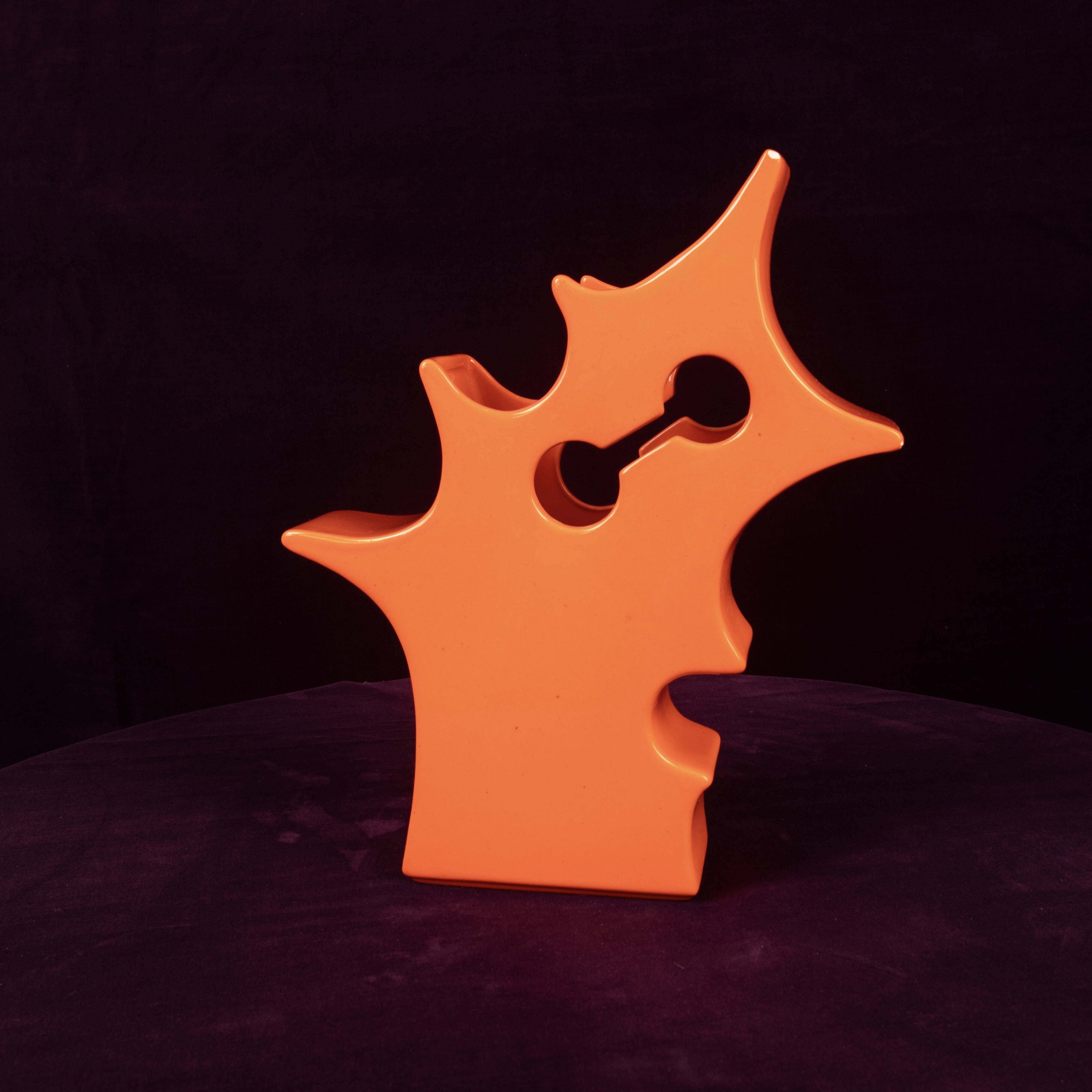Abstract Orange Ceramic Sculptural Vase, Postmodern / Space Age, Italy, 1980