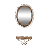Mid-Century Shelf Console Table with Wall Mirror in rattan and bamboo. Italy 1960s