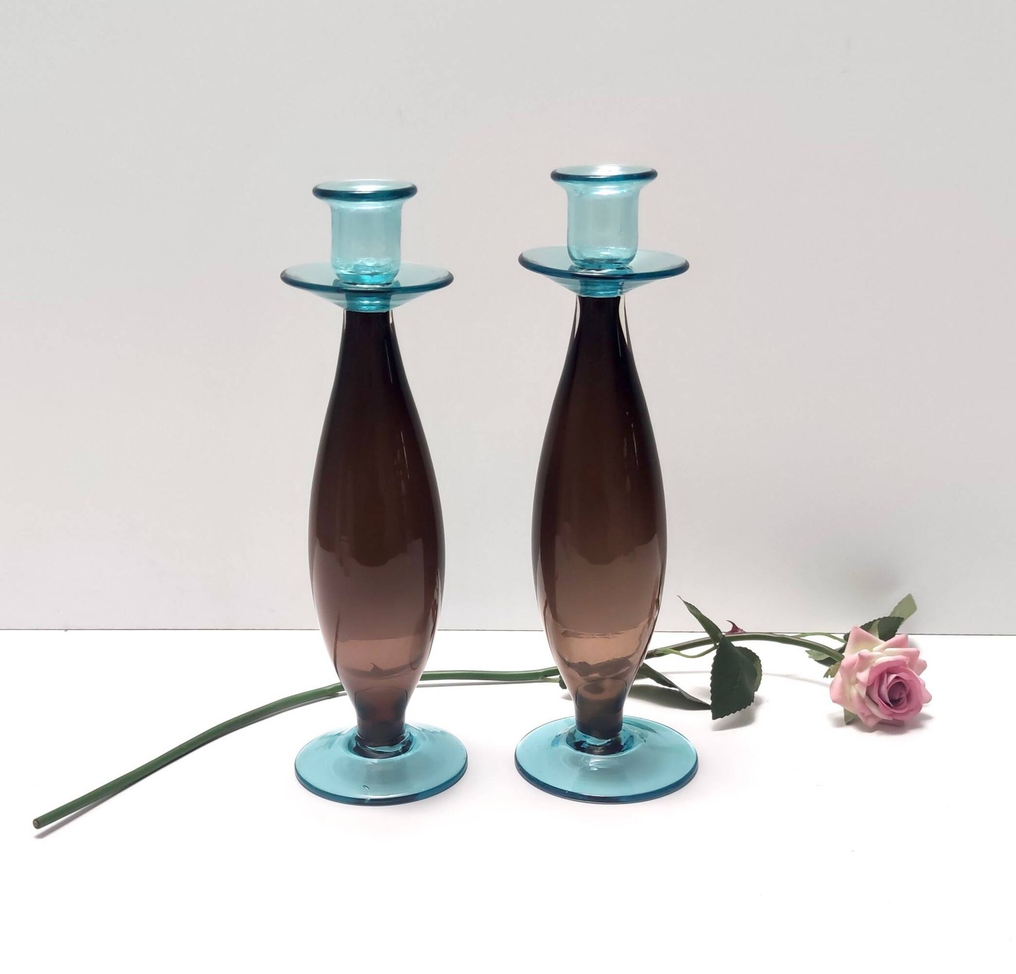 Pair of Brown and Aquamarine Murano Glass Candleholders, Italy