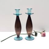 Pair of Brown and Aquamarine Murano Glass Candleholders, Italy