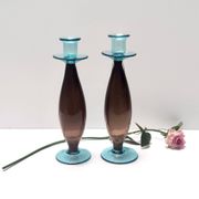 Pair of Brown and Aquamarine Murano Glass Candleholders, Italy