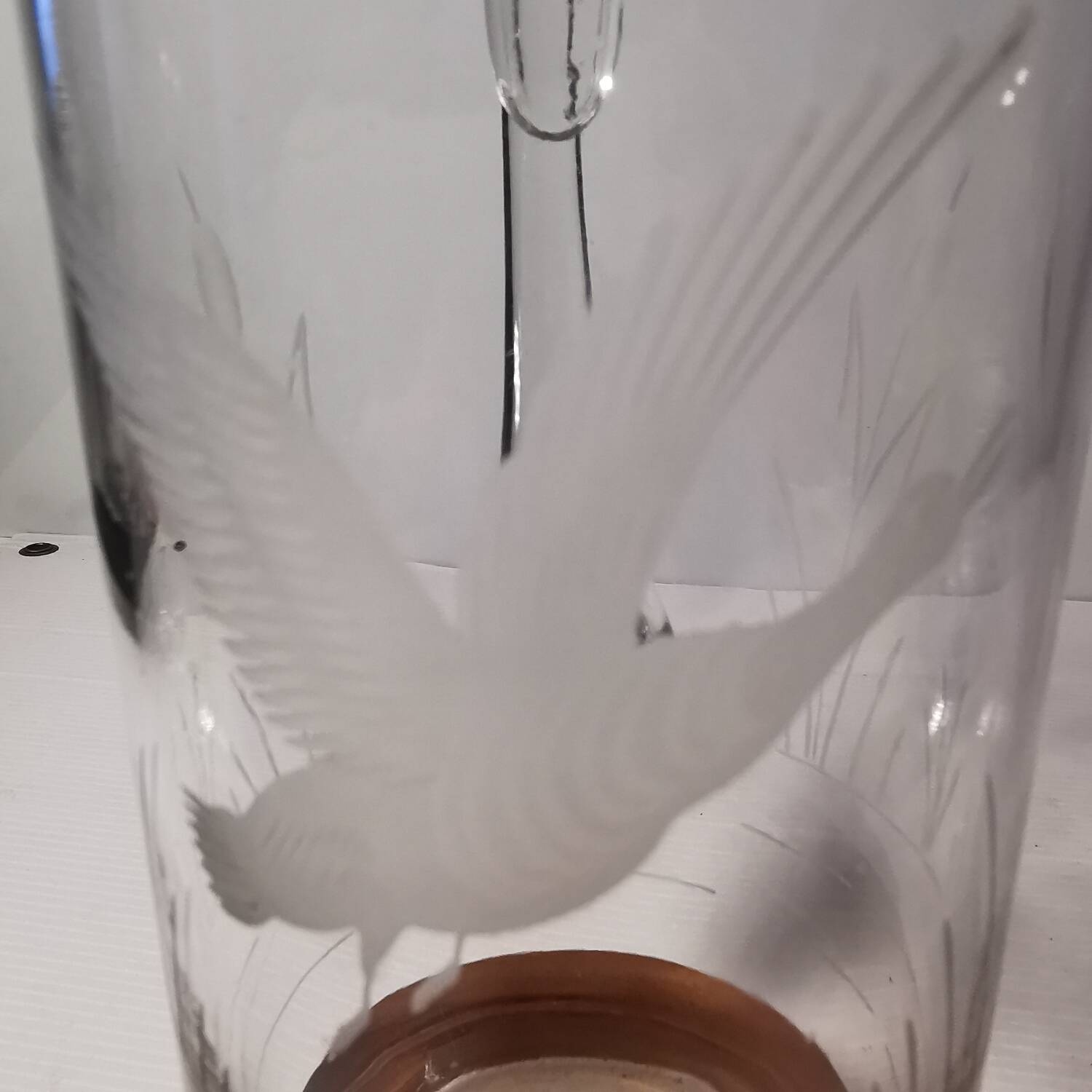 Vintage Engraved Glass & Crystal Pitcher with Duck and Reeds, Gilding