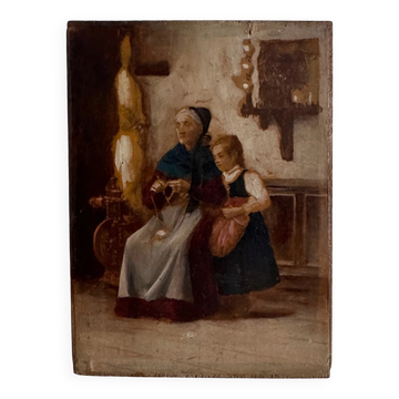 Huile sur panneau rehaussée scène d'intérieur bretonne