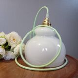 Lampe baladeuse opaline blanche vintage, cordon vert menthe