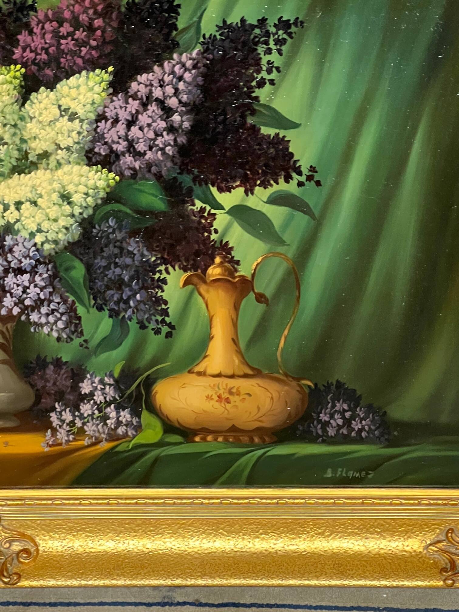Painting signed "Still life with lilacs".