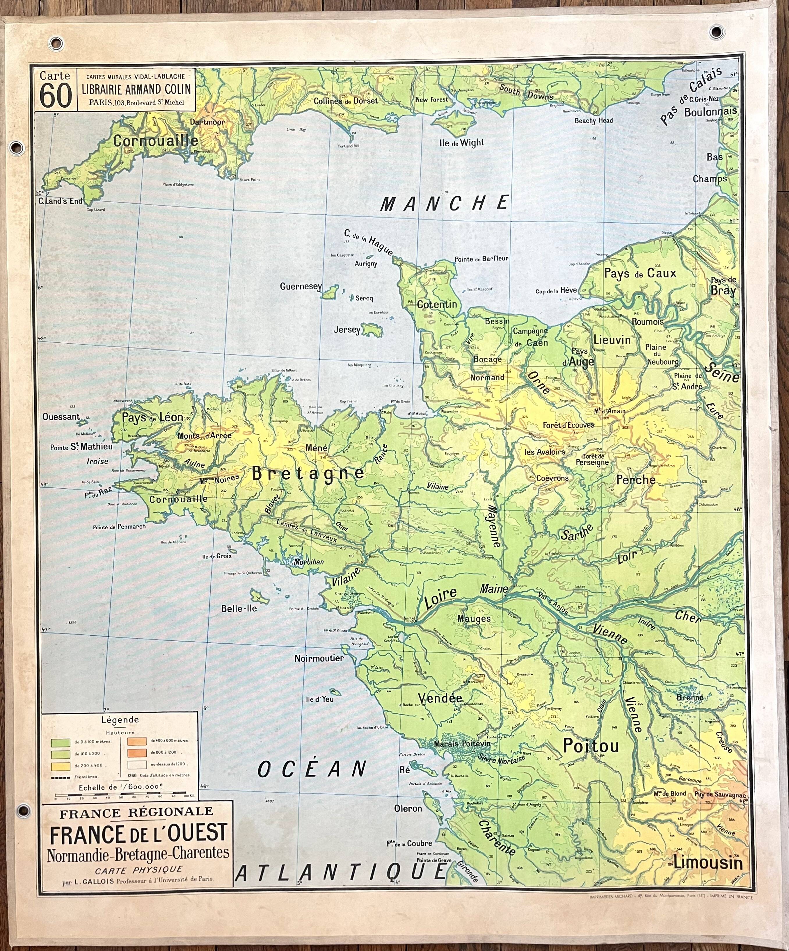 🌍Old school map Vidal-Lablache 60, 1940 - West France, Brittany