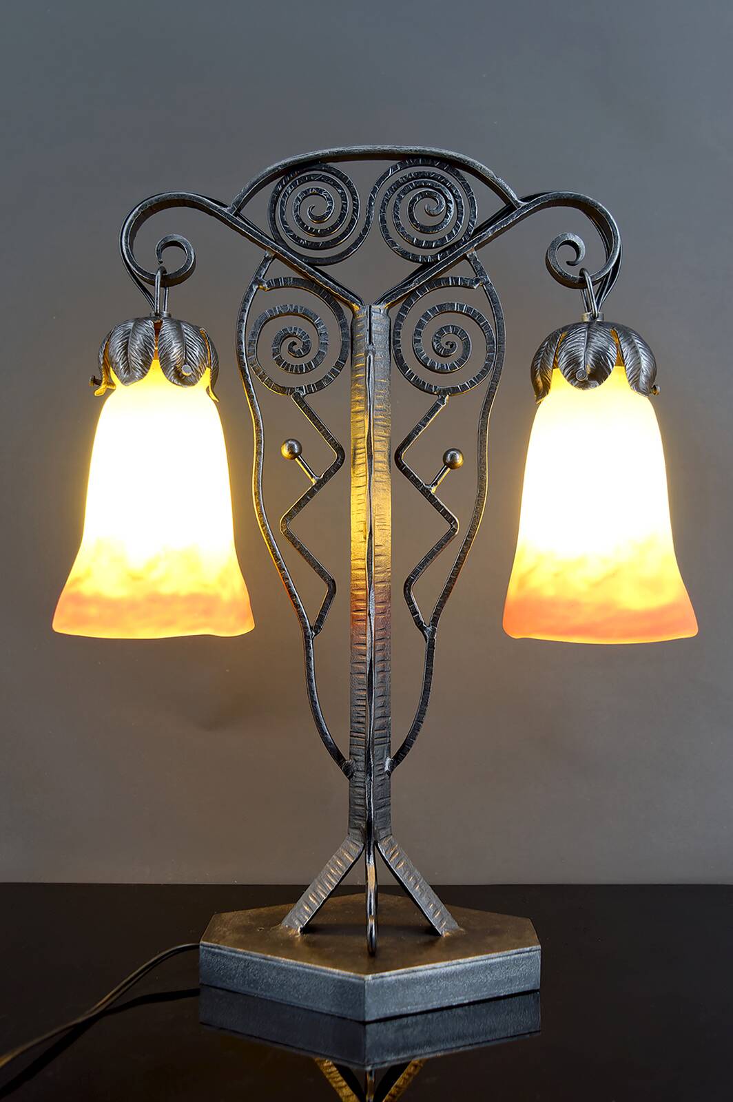 Bicéphale Art Deco lamp in wrought iron – Muller Frères Lunéville, circa 1930