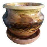 Enamelled terracotta planter flower pot with its saucer