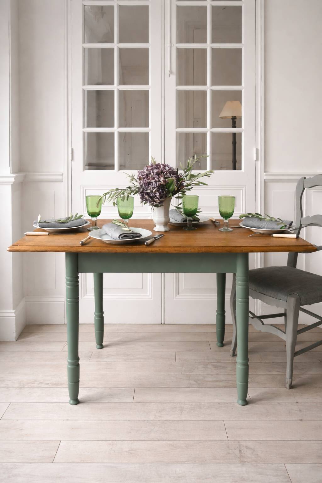 Table, vintage desk with smoked green legs, oak top.