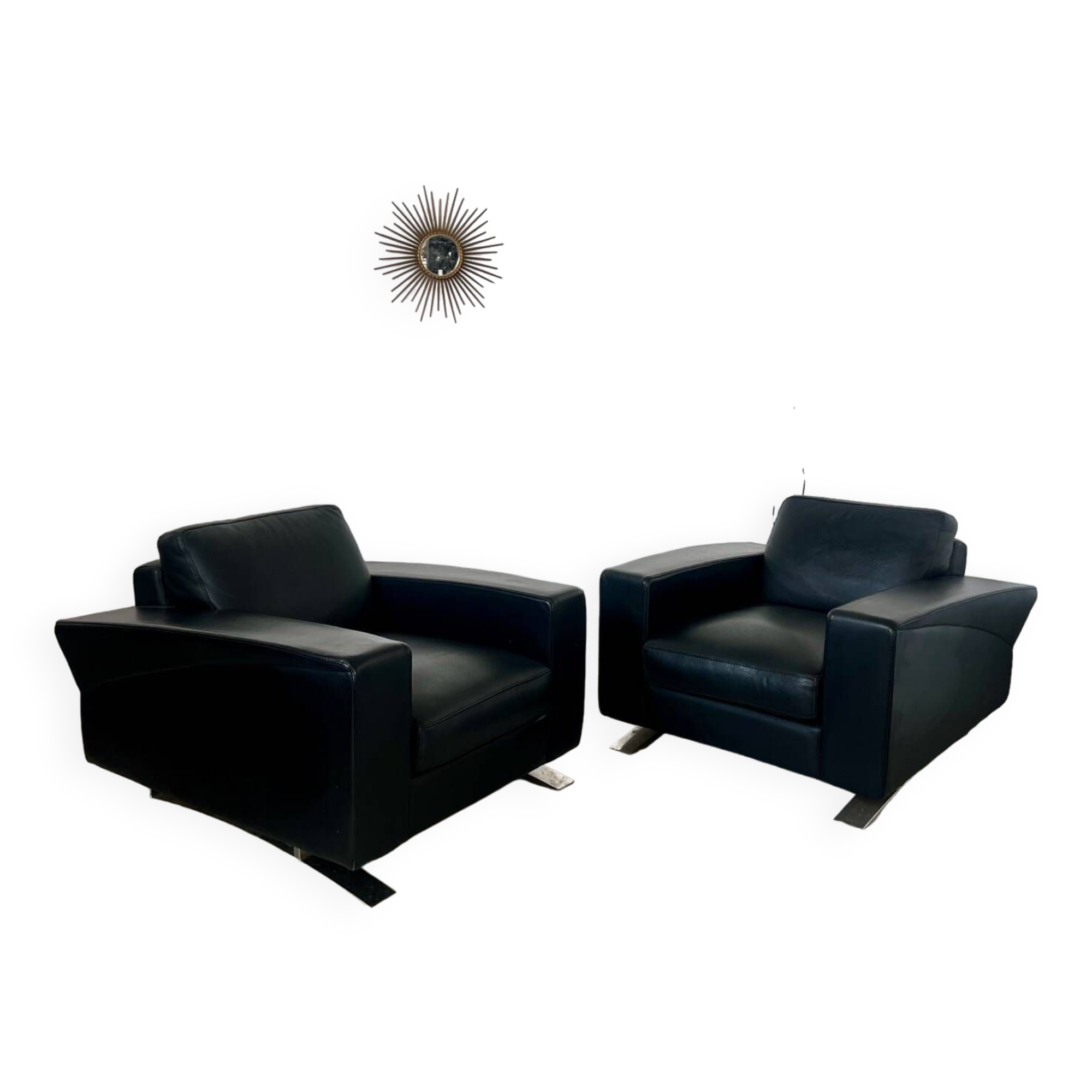 Lot 2 roche bobois designer leather armchairs 80s vintage custom aviator shape