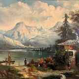 Painting fixed under glass depicting a lake view with the Alps in the background (B)