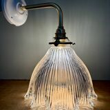 Elbow wall lamp with vintage holophane glass shade