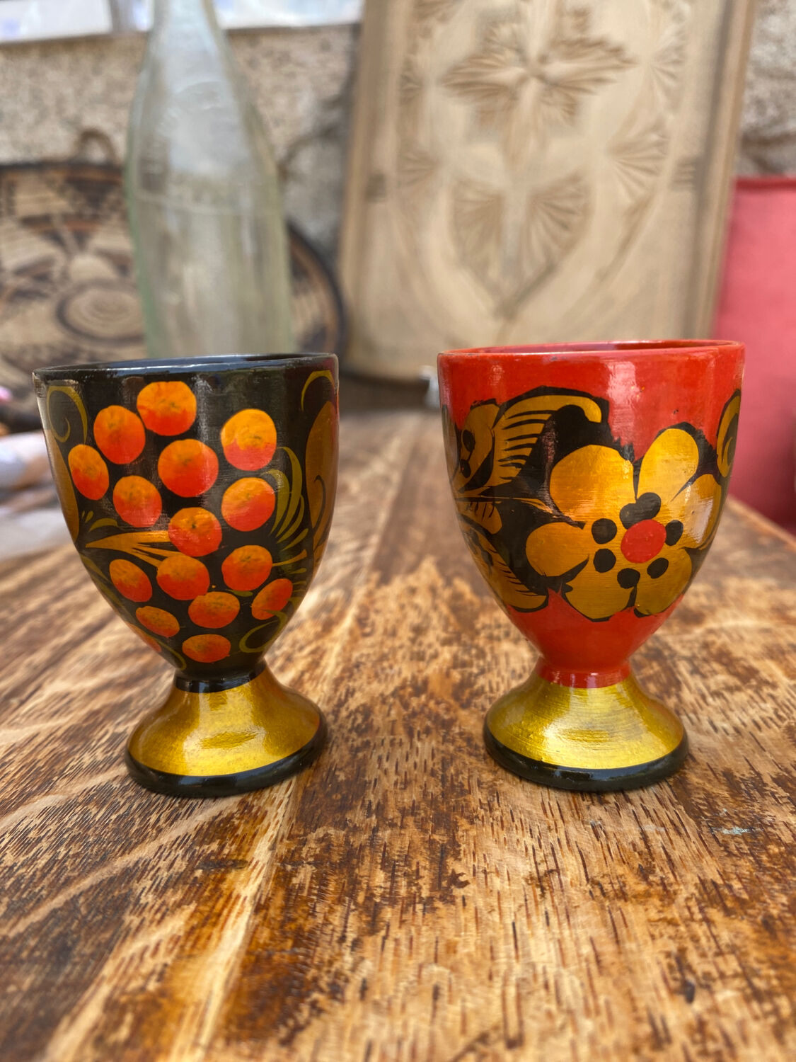 2 wooden egg cups Russian folklore