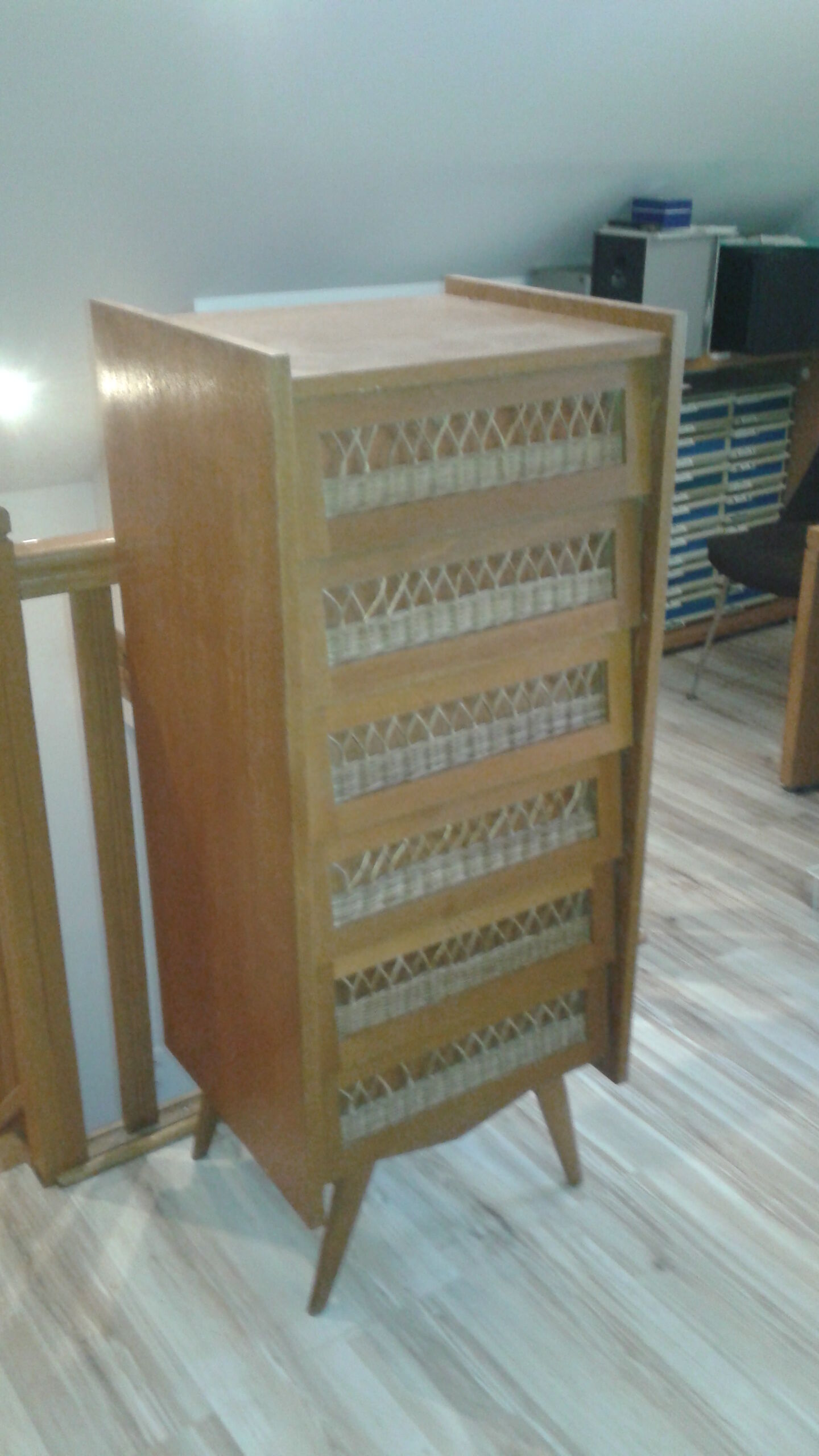 Dresser chest of drawers vintage wood and wicker feet compass