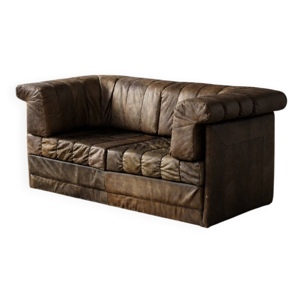 Canapé 2 places en cuir marron brutaliste allemand vintage du milieu du siècle moderne