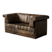 Vintage Mid-Century Modern German Brutalist Brown Leather 2-Seater Sofa