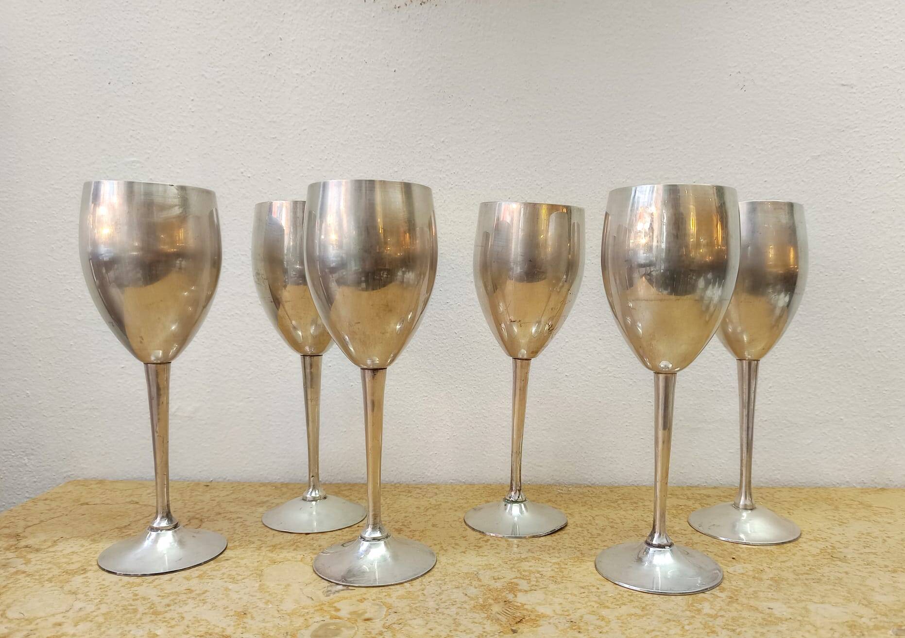 6 vintage metal stemmed glasses from the 1970s
