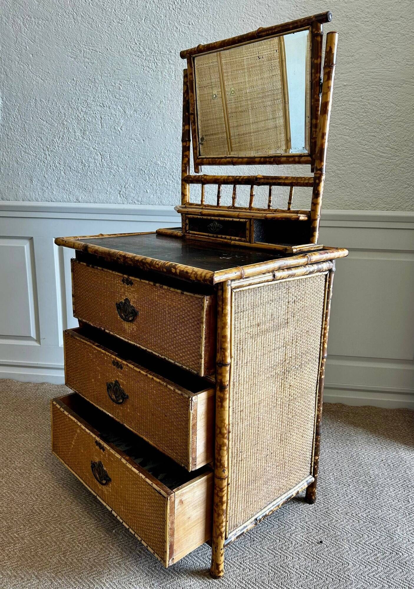 Victorian tiger bamboo, cane & chinoiserie dressing table with drawers, England 1880s, aesthetic movement