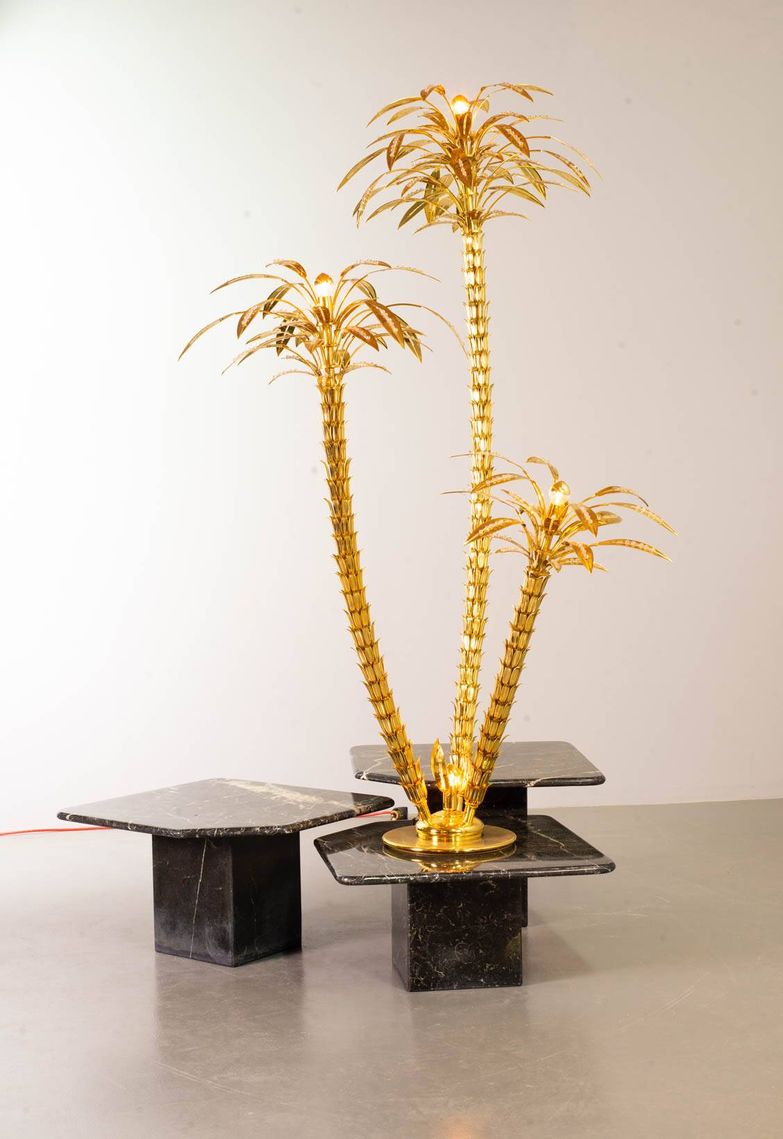 Exquisite Italian Golden Palm Tree Floor Lamp with 3 Sparkling Branches 70s