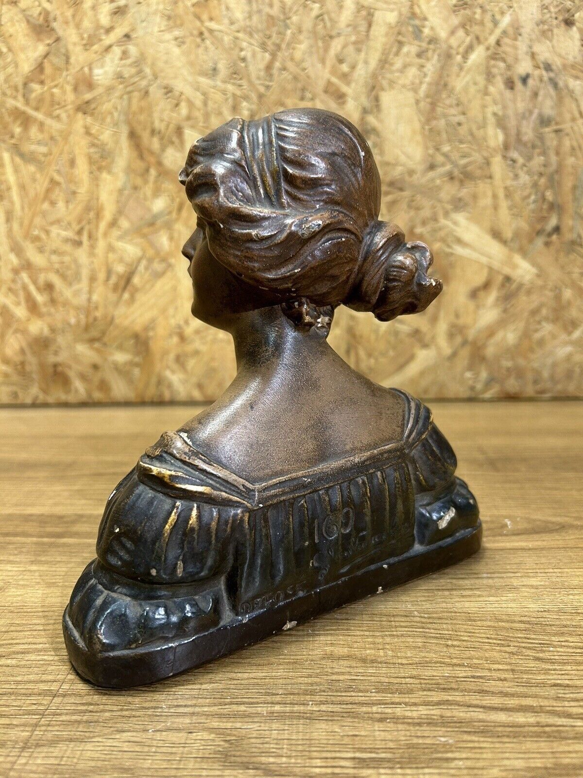 old plaster bust, young art deco woman, patina, signed Gustave Van Vaerenbergh