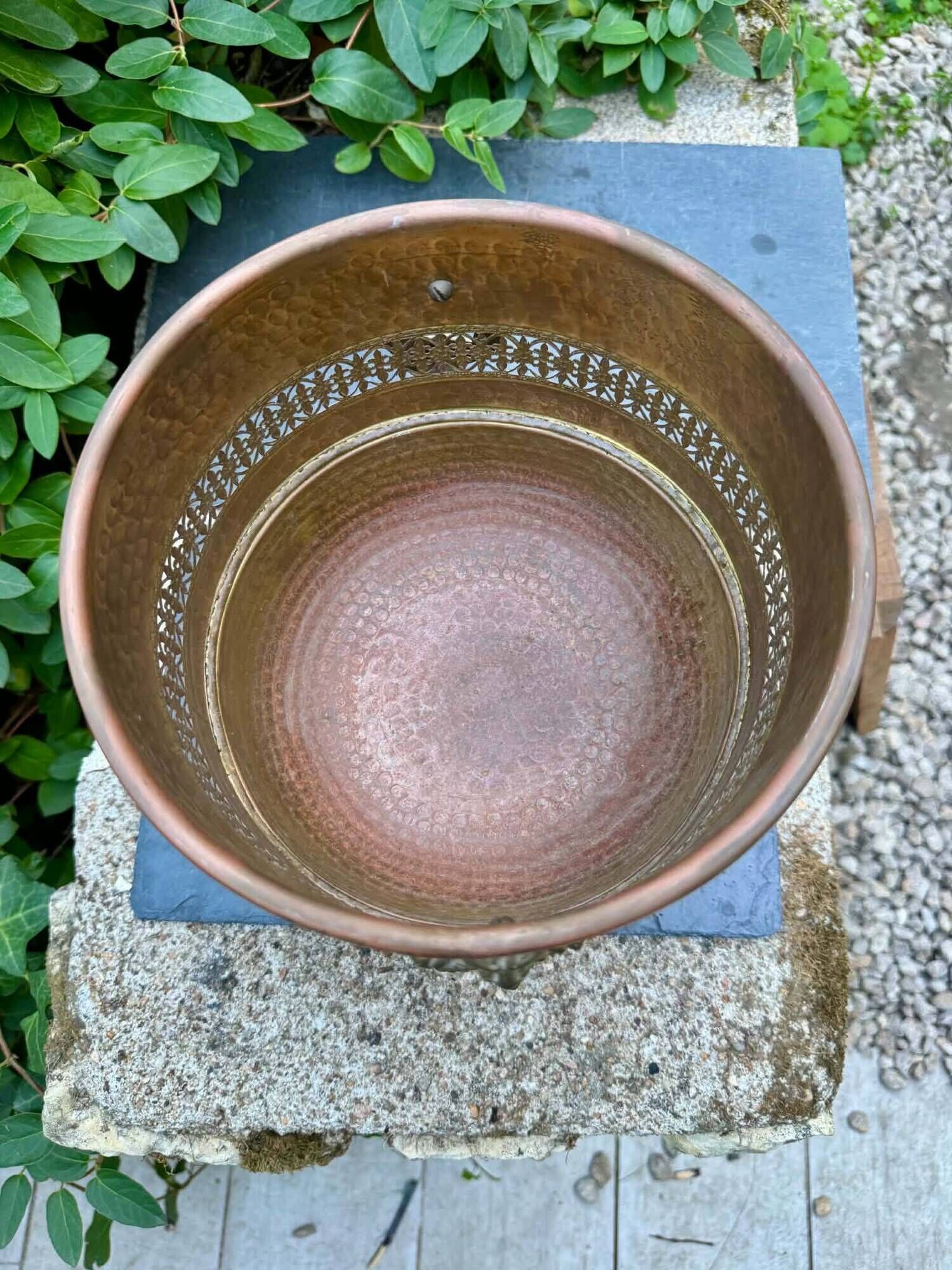 Large solid brass lion cache pot Art Nouveau