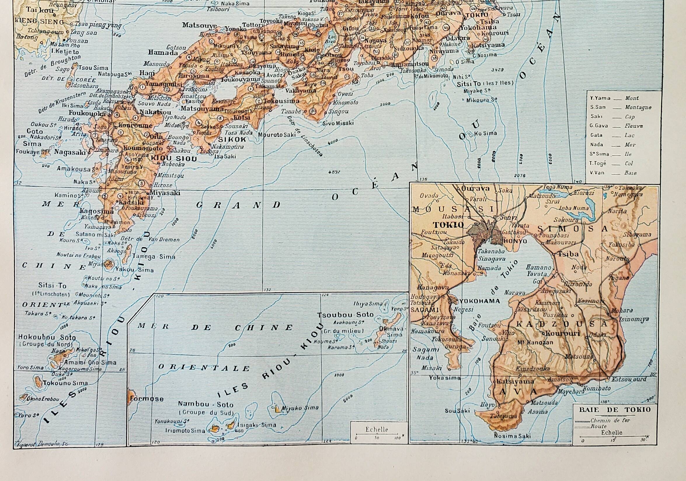 Old engraving 1898, Japan, map, Asia, Tokyo • Lithograph, Original plate