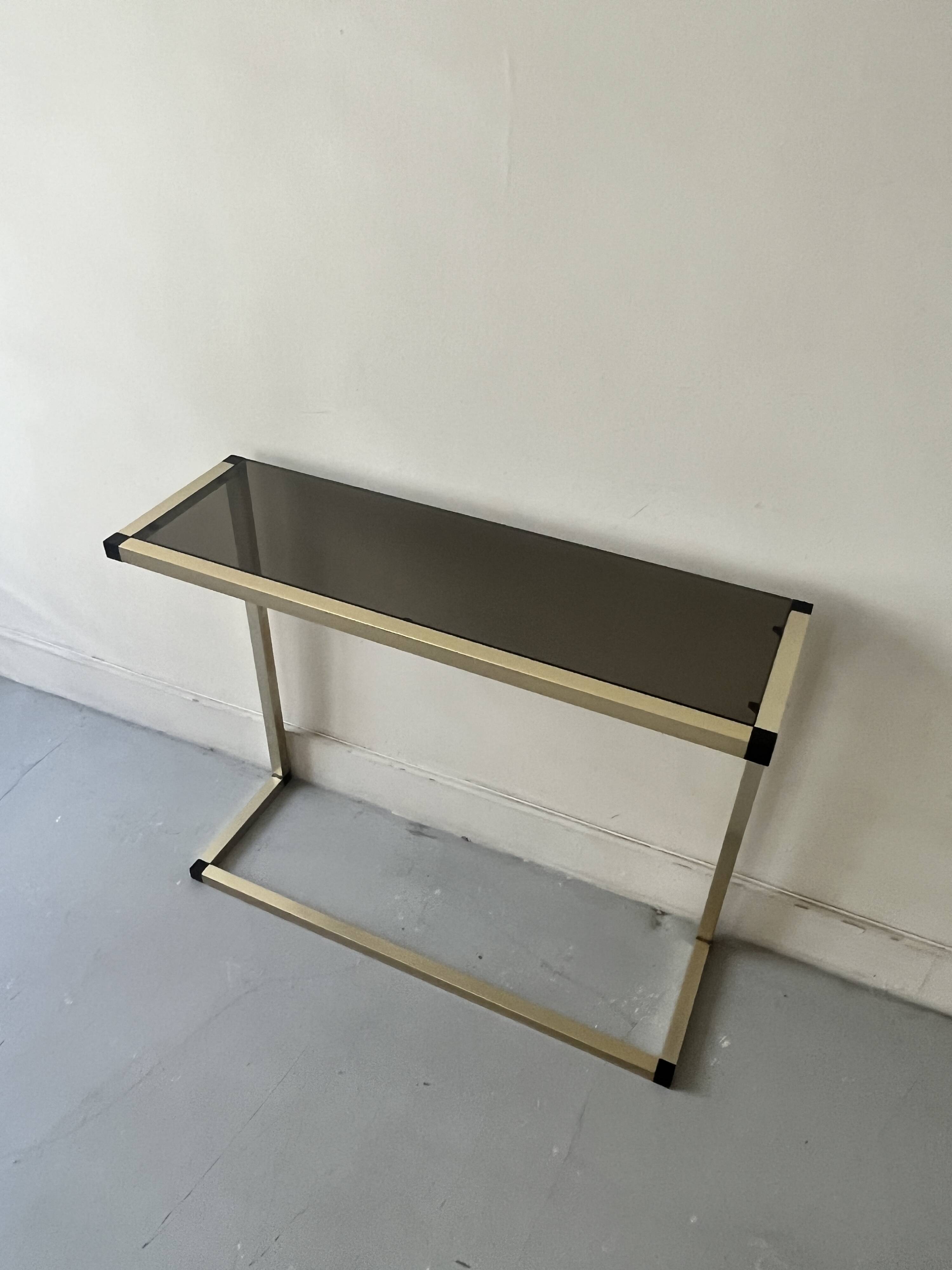 Console table in real brass and smoked glass, Italy 1970