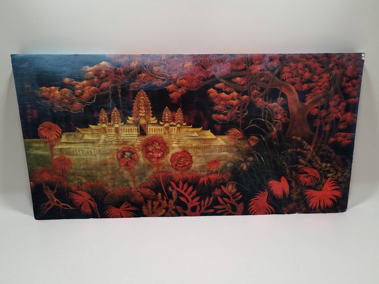 Antique lacquered wooden panel "The Temple of Angkor" 1920