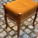 Tabouret de piano Louis XV bois massif chêne et tissu orange