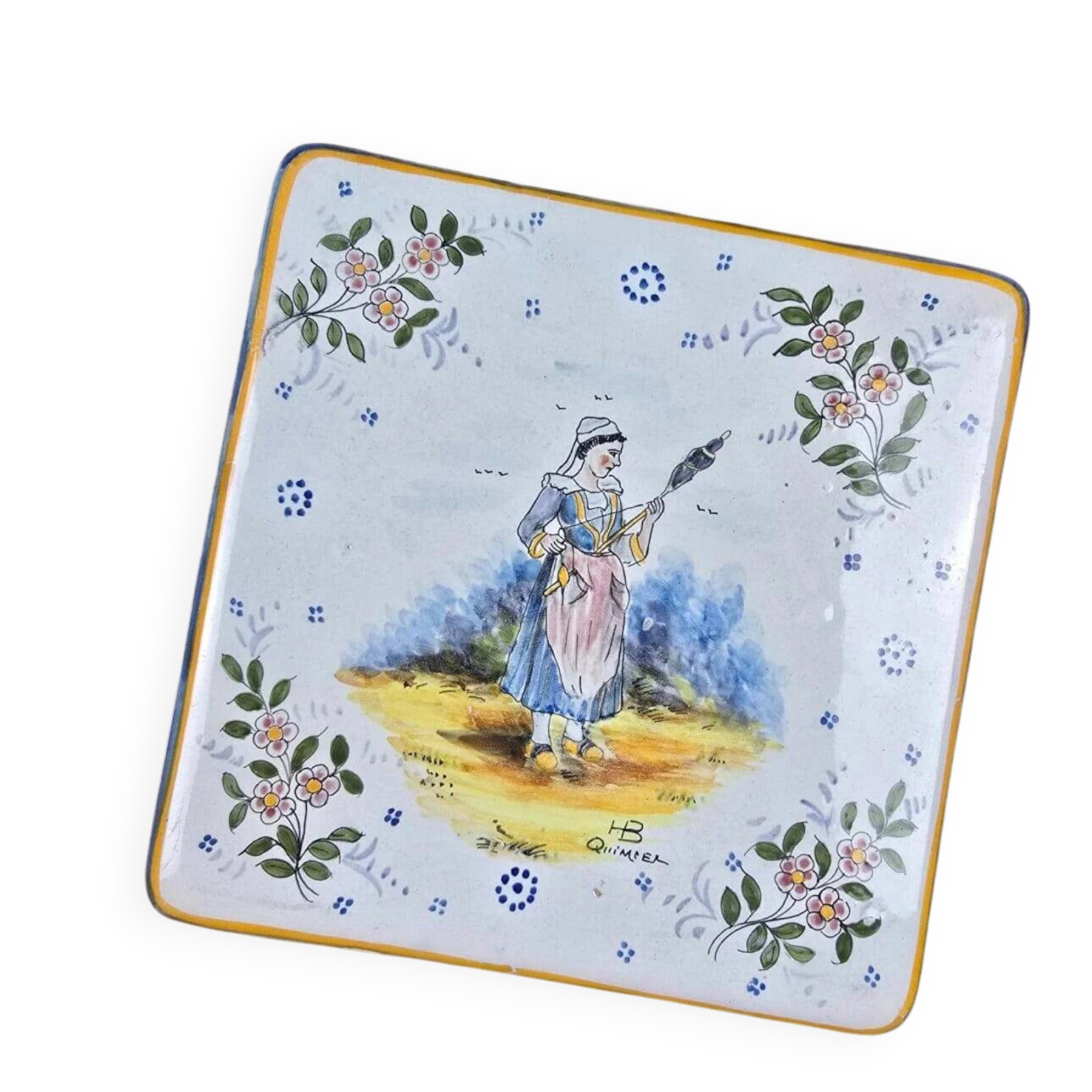 Old HB Quimper trivet – Breton woman with a distaff