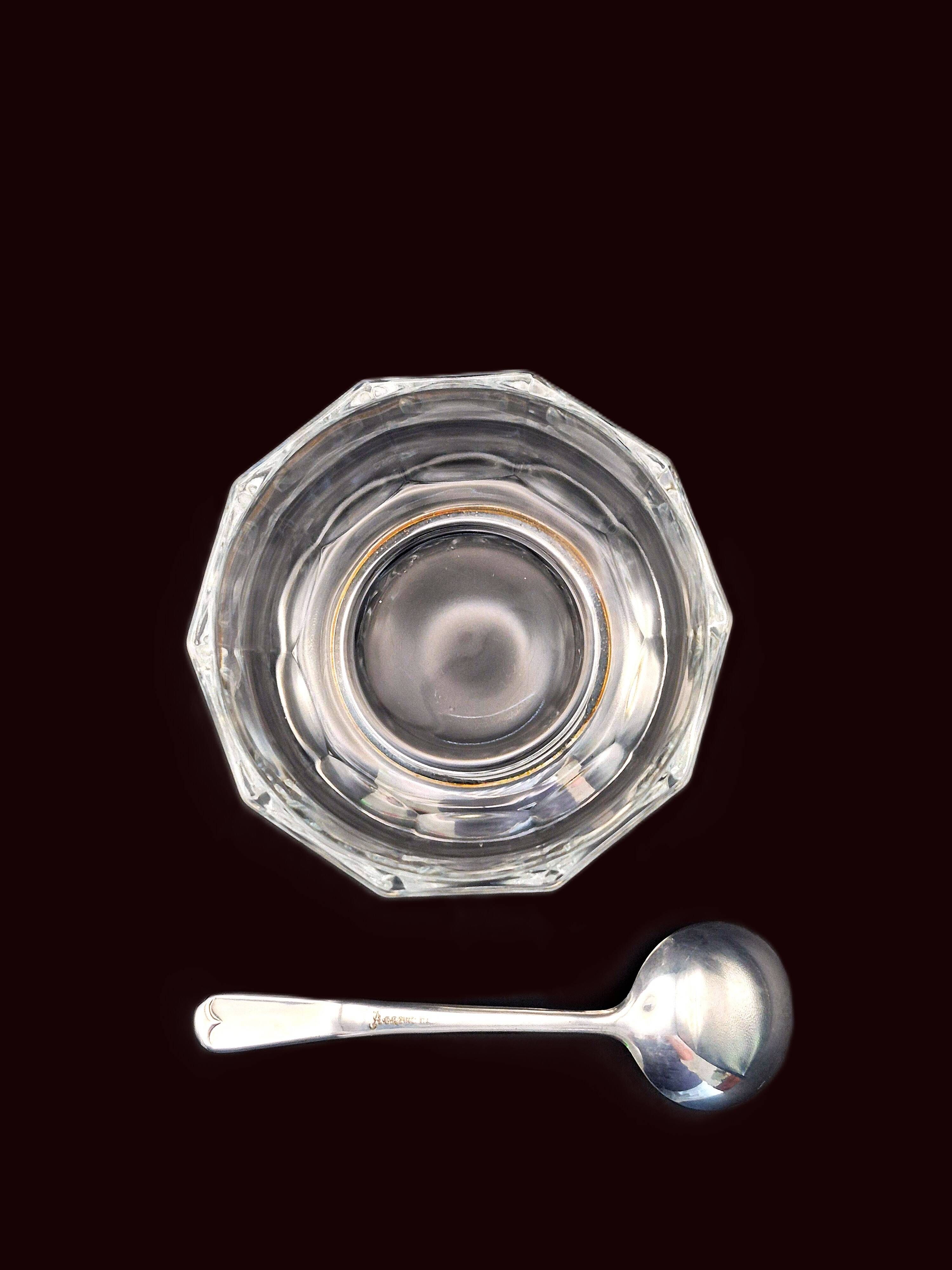 Art Deco thick crystal/glass bowl, silver-plated metal pedestal.