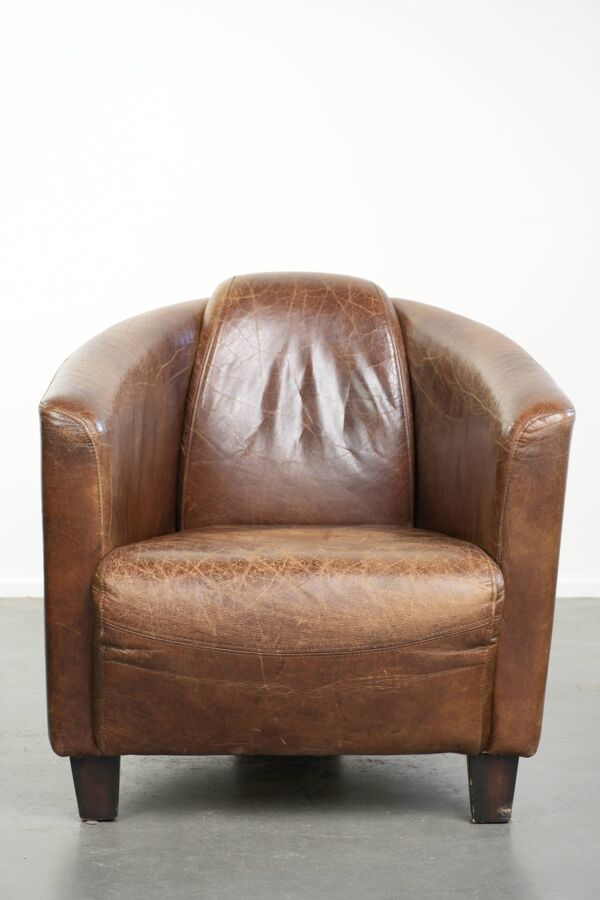 Fauteuil design aviateur en cuir de vache couleur cognac robuste