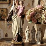 Statuette stuc ND du Mont Carmel, ateliers Olot, yeux en verre, 1920-1930