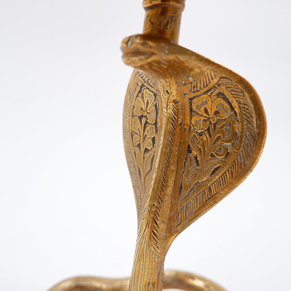 Pair of engraved brass cobra candlesticks - 1960s