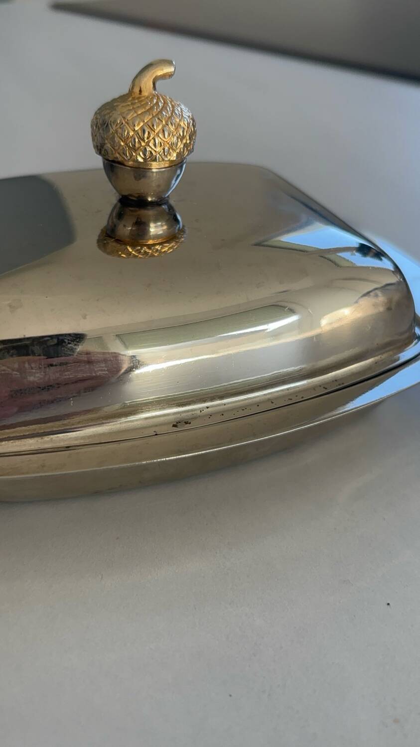 Vintage silver-plated butter dish with golden hazelnut - retro elegance