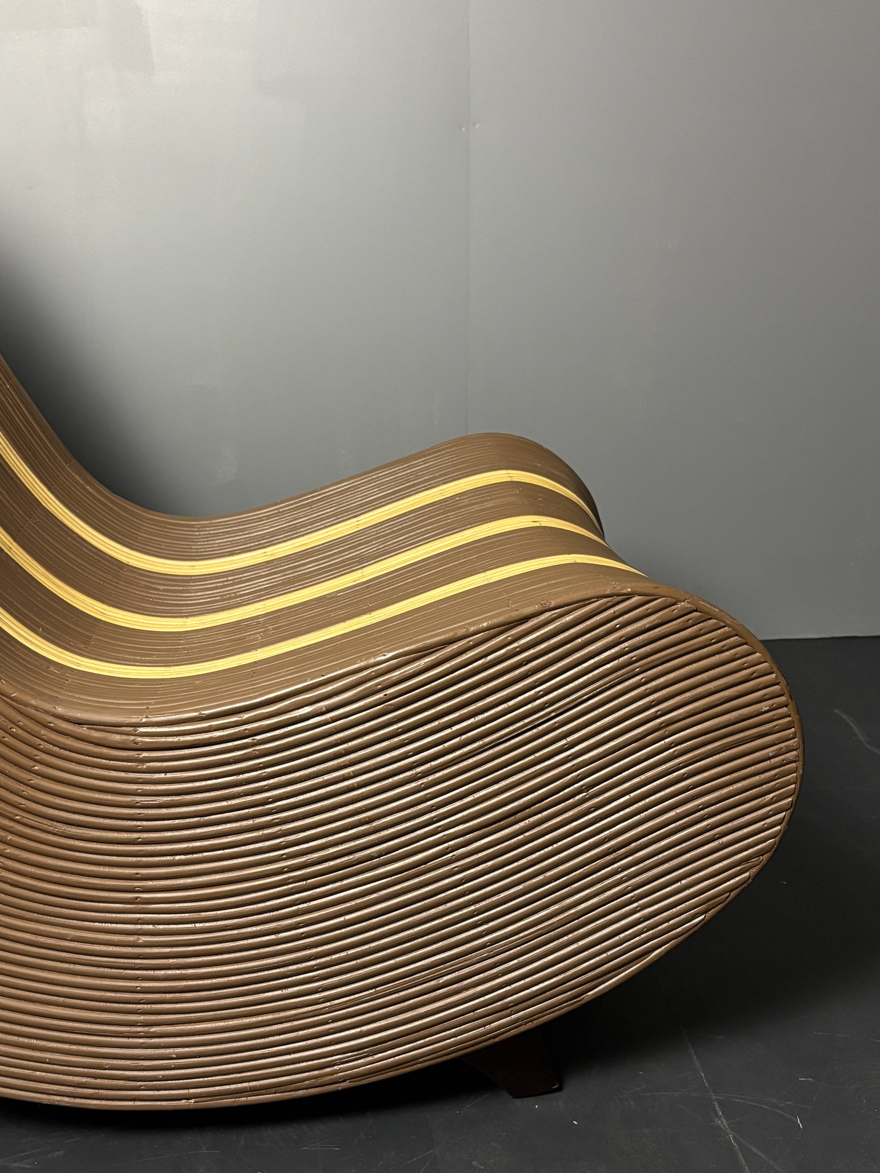 Curvy wavy pencil reed rattan bamboo low lounge chair, 1970s