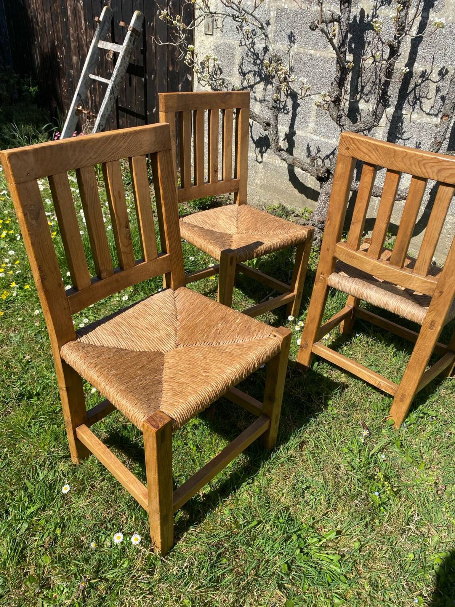 Three brutalist wooden chairs in elm from the 80s.
