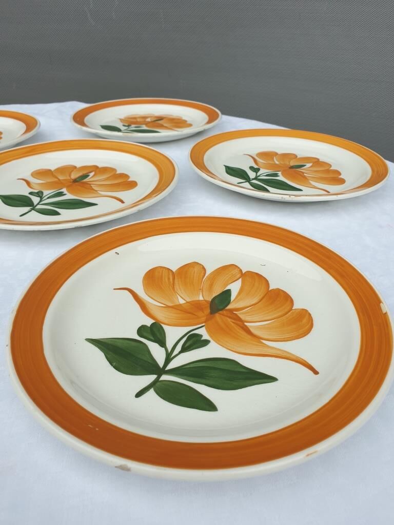 Set 6 plates Gien orange flower 1970 hand-painted decoration