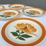 Set 6 plates Gien orange flower 1970 hand-painted decoration