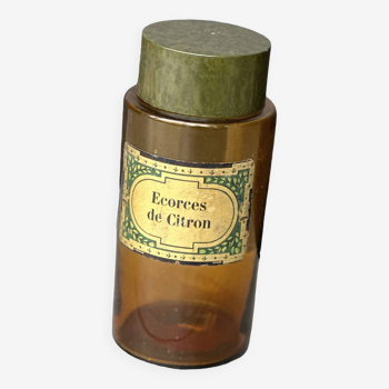 Pot à Pharmacie en Verre Ambré avec Bouchon en Bakélite Verte à Motifs - Etiquette or et verte