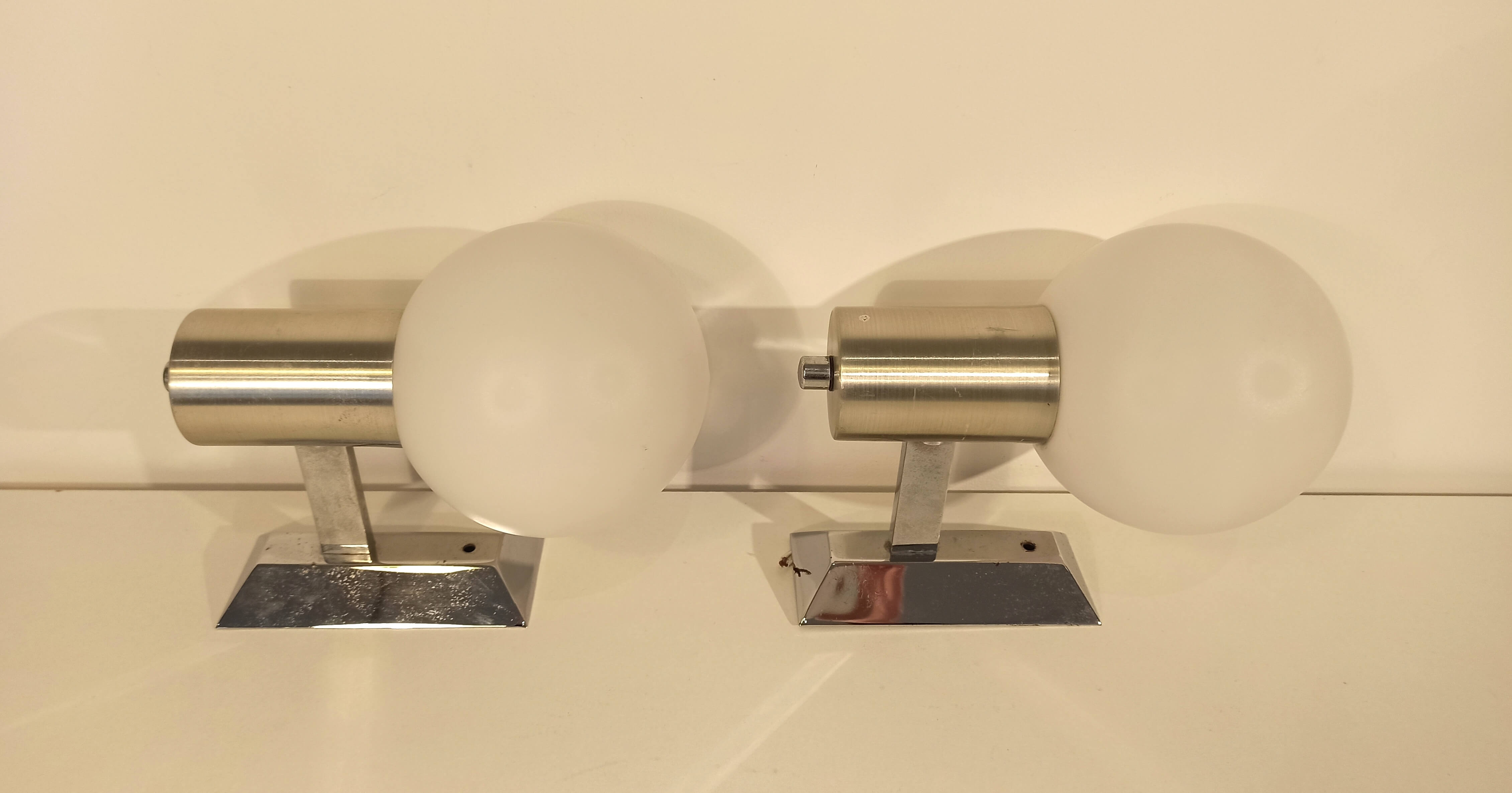 Pair of vintage appliques 1970 globe opaline white chrome